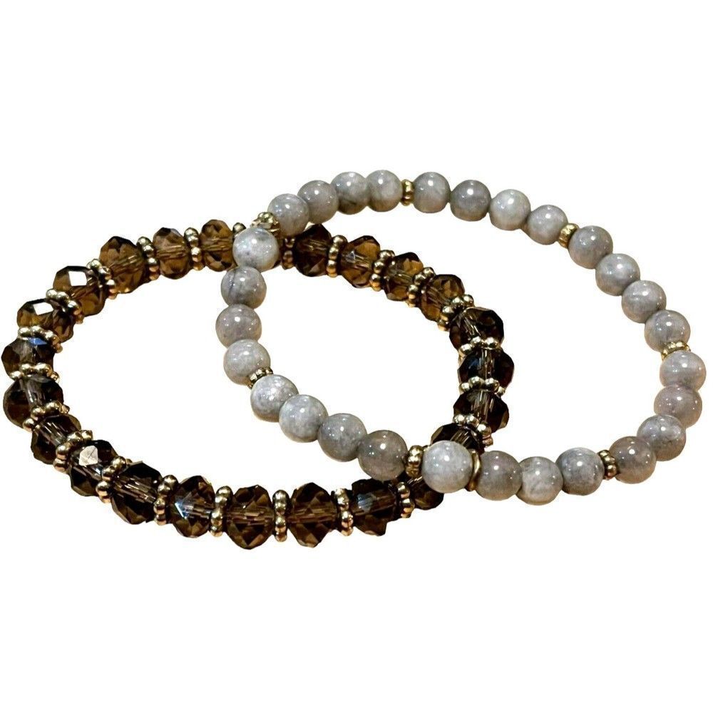Pair Beaded Stretch Bracelets Gray Gemstones & Purple Silver Tone Holiday Gift